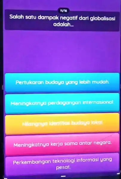 Salah satu dampak negatif dari globalisasi alisasi adalah __ Pertukaran budaya yong mudah teningkatnyo ordagangan internasional coin Hilangnya Identitas budaya lokal. Meningkatnya kerja sama