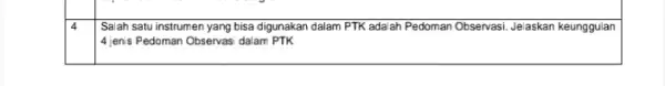 Salah satu instrumen yang bisa digunakan dalam PTK ada ah Pedoman Observasi. Jelaskan keunggulan 4 jenis Pedoman Observasi dalam PTKK