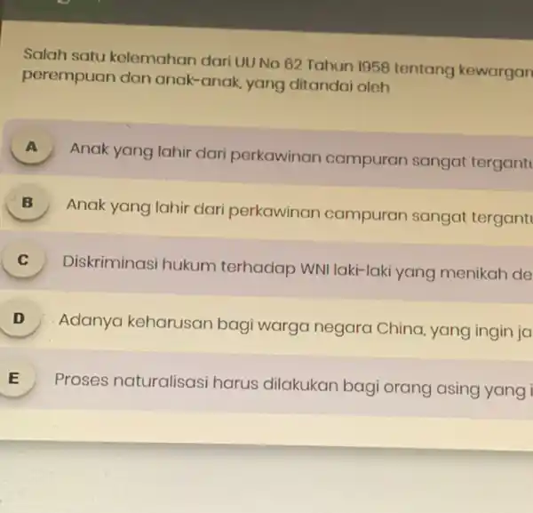 Salah satu kelemahan dari UU No 62 Tahun 1958 tentang kewargan perempuan dan anak-anak, yang ditandai oleh A Anak yang lahir dari perkawinan campuran