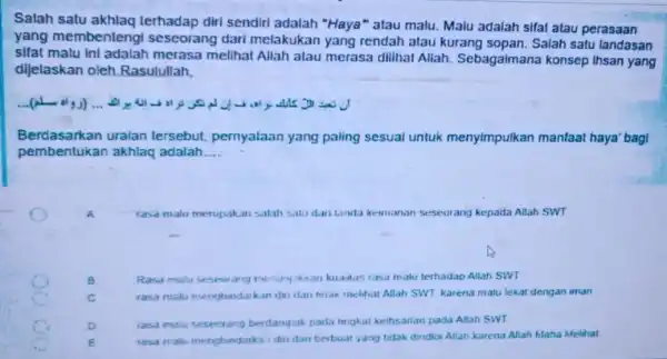 Salah satu terhadap diri sendiri adalah "Haya" atau malu. Malu adalah sifal atau perasaan yang membenteng seseorang dari melakukan yang rendah atau kurang Salah