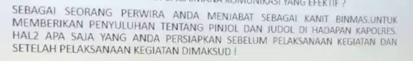 SEBAGA SEORANG PERWIRA ANDA MENJABAT SEBAGAI KANIT BINMAS.UNTUK MEMBERIKAI V PENYULUHAN TENTANG PINJOL DAN JUDOL DI HADAPAN KAPOLRES. HAL2 APA SAJA YANG ANDA PERSIAPKAN