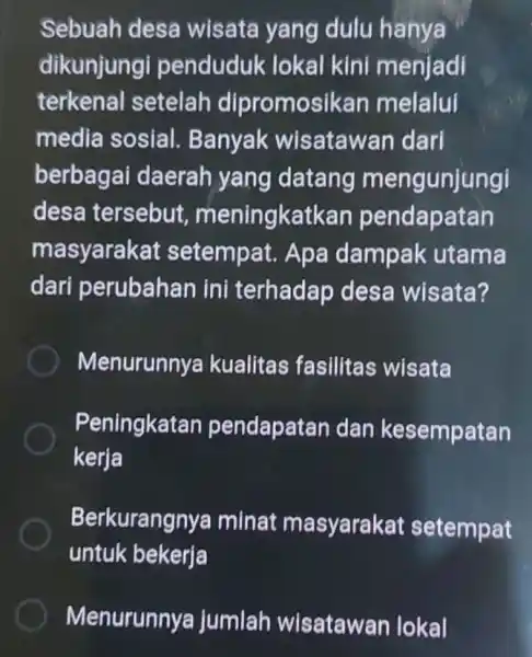 Sebuah desa wisata yang dulu hanya dikunjungi penduduk lokal kini menjadi terkenal setelah dipromosikan melalui media sosial Banyak wisatawan dari berbagai daerah yang datang