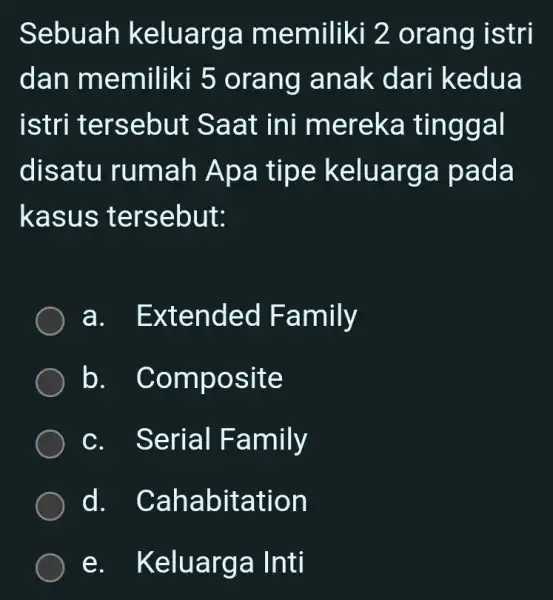 Sebuah ke luarga m emiliki 2 ora ng istri dân m emiliki 5 orang I anak dari i kedua istri terse but Sa at