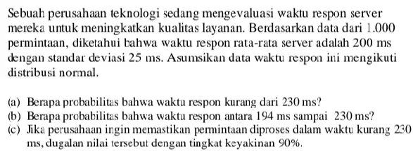 Sebuah perusahaan sedang mengevaluasi waktu respon server mereka untuk meningkatkan kualitas layanan. Berdasarkan data dari 1.000 permintaan, diketahui bahwa waktu respon rata-rata server adalah