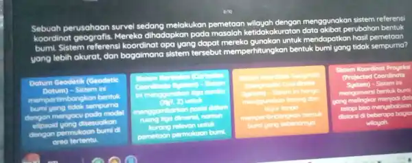 Sebuah perusahaan survel sedang melakukan pemetaan menggunakan sistem referensi koordinat Mereka dihadapkan pada masalah ketidakakuratan perubahan bentuk bumi. Sistem referensi koordinat apa yang dapat