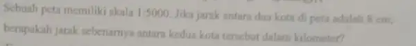 Sebuah peta memiliki skala 1:5000 Jika jarak antara dua kota di peta adalah 8 cm. berapakah jarak sebenarnya antara kedua kota tersebut dalam kilometer?