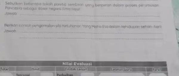 Sebutkan beberapa tokoh panitia sembilan yang berperan dalam proses perumusan Pancasila sebagai dasar negara (lima saja)! Jawab: __ Berikan contoh pengamalan sila Ketuhanan Yang