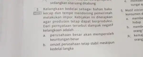 sedangkan sisa uang ditabung 2. Kelangkaan kedelai sebagai bahan baku HOTS kecap dan tempe mendorong pemerintah melakukan impor Kebijakan ini diterapkan agar produsen tetap