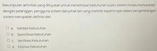 Sekumpulan aktivitas yang ditujukan untuk menemukan kebutuhan suatu sistem melalui komunikasi dengan pelanggan pengguna sistem dan pihak lain yang memiliki kepentingan dalam pengembangan sistem