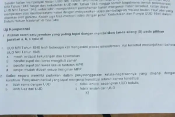 Selelah kalian mempelajari materi UUU NRI Tahun 1045 fungsi dan kedudukan UUD NRI Tahun 1945. ningga contoh bagaimana bentuk pelaksanaan UUD NRITahun 1045 untuk