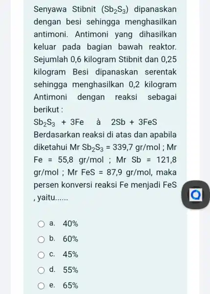 Senyawa Stibnit (Sb_(2)S_(3)) dipanaskan dengan besi sehingga menghasilkan antimoni . Antimoni yang dihasilkan keluar pada bagian bawah reaktor. Sejumlah 0,6 kilogram Stibnit dan 0,25