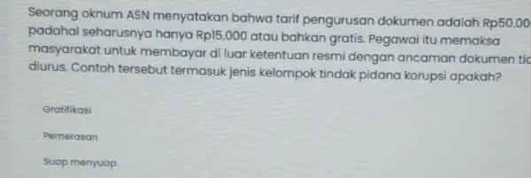 Seorang oknum ASN menyatakan bahwa tarif pengurusan dokumen adalah Rp50.00 padahal seharusnya hanya Rp15.000 atau bahkan gratis Pegawai itu memaksa masyarakat untuk membayar di