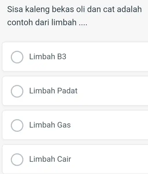 Sisa kaleng bekas oli dan cat adalah contoh dari limbah __ Limbah B3 Limbah Padat Limbah Gas Limbah Cair