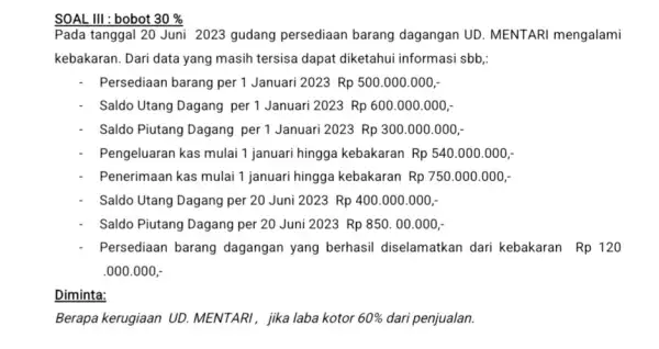 SOAL III : bobot 30% Pada tanggal 20 Juni 2023 gudang persediaan barang dagangan UD MENTARI mengalami kebakaran. Dari data yang masih tersisa dapat