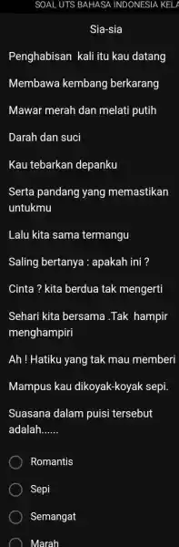 SOAL UTS BAHASA INDONESIA KELA Penghabisan kali itu kau datang Membawa kembang berkarang Mawar merah dan melati putih Darah dan suci Kau tebarkan depanku