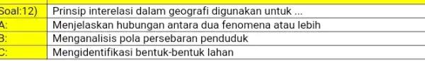 Soal:12) A: Prinsip interelasi dalam geografi digunakan untuk __ Menjelaskan hubungan antara dua fenomena atau lebih Menganalisis pola persebaran penduduk Mengidentifikasi bentuk-bentuk lahan