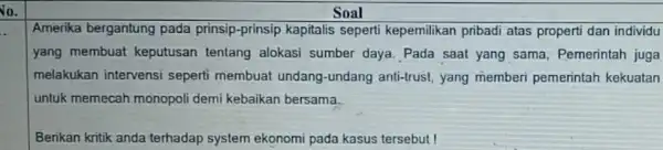 Soal Amerika bergantung pada prinsip-prinsip kapitalis seperti kepemilikan pribadi atas properti dan individu yang membuat keputusan tentang alokasi sumber daya. Pada saat yang sama,