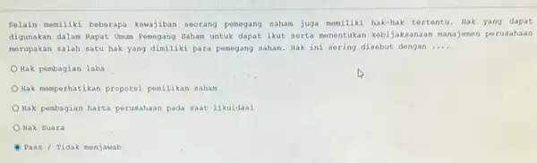 Solain memiliki beborapa kewajiban seorang pemegang saham juga momiliki hak-hak tertontu. Hak yang dapat digunakan dalam Rapat Umum Pemegang Saham untuk dapat ikut serta