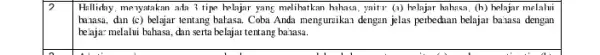 square Hilliday, menyatakan ada 3 tipe belajar yang melihatkan hahasa, yaitu: (a)helajar hahasa, (h) helajar melalui buiasa, dan (c) belajar tentang bahasa. Coba Anda