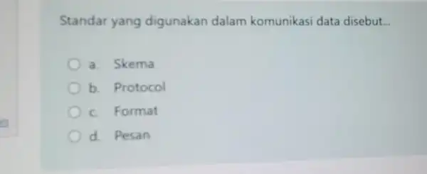 Standar yang digunakan dalam komunikasi data disebut __ a. Skema b. Protocol c. Format d. Pesan