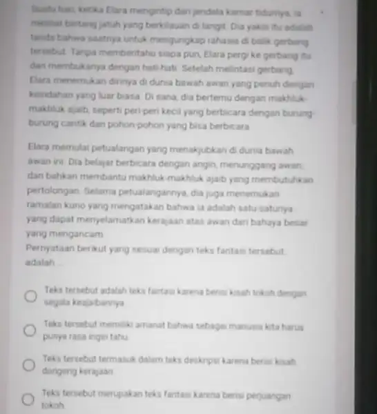 Suatu hari, ketika Elara mengintip dan jendela kamar tidumya, ia melihat bintang jatuh yang berkilauan di langit Dia yakin itu adalah tanda bahwa saatrya