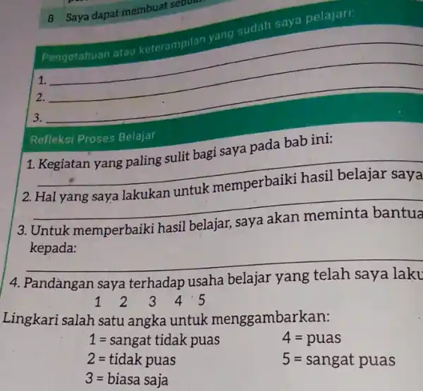 sudah saya pelajari. 1. 2. __ 8 Saya dapat membuat sebuar 1. Kegiatan yang paling sulit bagi saya pada bab ini: __ Refleksi Proses