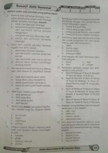 Sumatif Akhir Semester 1. Pilihlah salah satu jawaban yang paling tepat! 1. Berbuat baik terhadap tetangga meru- pakan akhlak yang Diantara akhlak terhadap tetangga