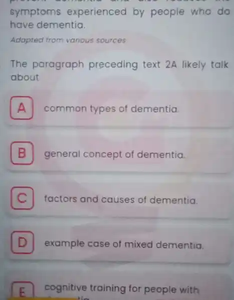 symptoms experienced by people who do have dementia. Adapted from various sources The paragraph preceding text 2A likely talk about A common types of