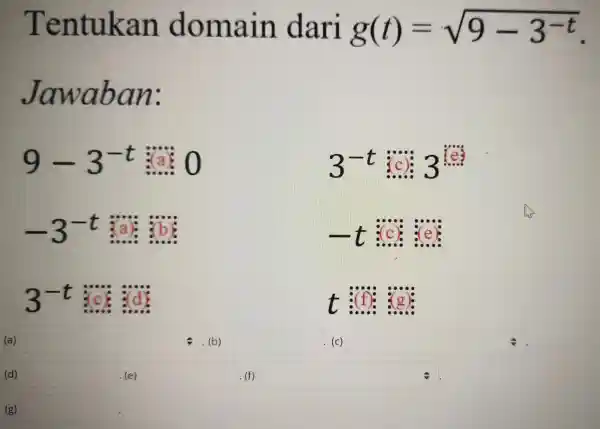 T entukan domain dari g(t)=sqrt (9-3^-t) Jawa ba n: 9-3^-t 3^-t:3^ddot (:e) -3^-t 0000000000 -t:(c):(e) 3^-t 0000000000 t (a) square . (b) square (c)