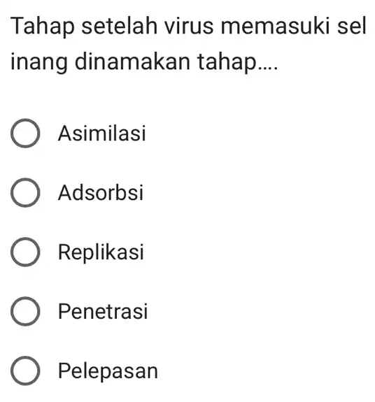 Tahap setelah virus memasuki sel inang din amakan tahap. __ Asimilasi Adsorbsi Replikasi Penetrasi Pelepasan