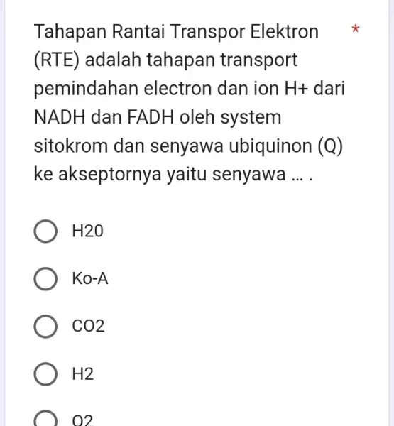 Tahapan Rantai Transpor Elektron (RTE) adalah tahapan transport pemindahan electron dan ion H+ dari NADH dan FADH oleh system sitokrom dan senyawa ubiquinon (Q)