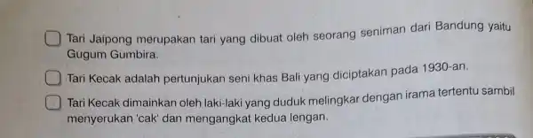 Tari Jaipong merupakan tari yang dibuat oleh seorang seniman dari Bandung yaitu Gugum Gumbira. Tari Kecak adalah pertunjukan seni khas Bali yang diciptakan pada