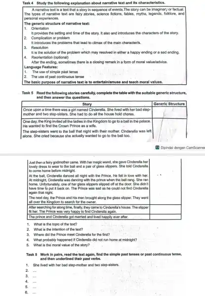 Task 4 Study the following explanation about narrative text and its characteristics. A narrative text is a text that a story in sequence of