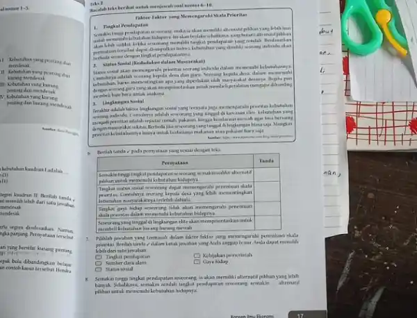 Teks 2 Bacalah teks berikat untuk menjawah soal nomer 6-10. Taktor-Faktor yang Memegarahil Skala Prioritas 1. Tingkat Pendapatan 1. Tingkat Pendapatan 1. Kebuhan yang