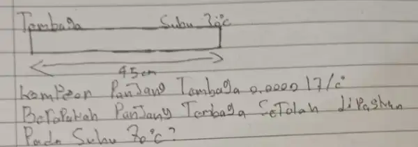 Tembala Subu 3 dot(circ) mathrm(C) Lompeon RanJand Tambala 0.00017 / mathrm(c)^circ Berapakah Panjany Tambaga Setalah dipastun Pada Suhu 70^circ mathrm(C) ?