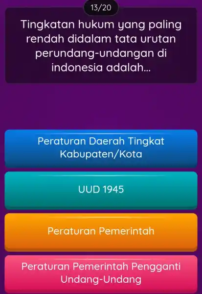 Tingkatan hukum yang paling rendo h didalam tata urutan perundang -undangan di indonesia adalah __ Peraturan Daerah Tingkat Kabupaten /Kota UUD 1945 Peraturan P