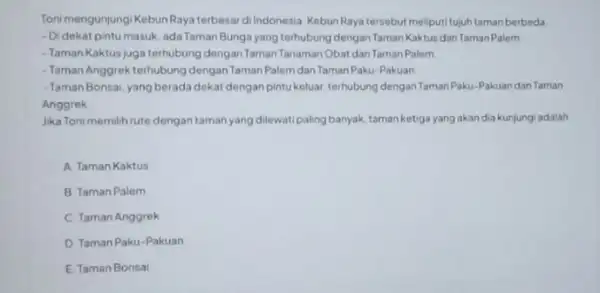 Toni mengunjungi Kebun Rayaterbesa dilndonesia Kebun Raya tersebut meliputi tujuh taman berbeda - Didekat pintu masuk adaTaman Bungayang terhubung dengan Taman Kaktus dan TamanPalem