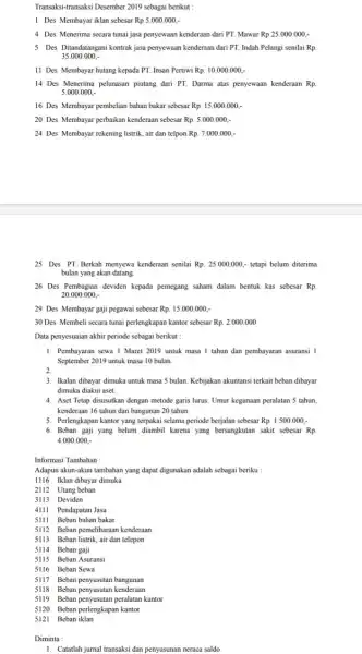 Transaksi-transaksi Desember 2019 sebagai berikut : 1 Des Membayar iklan sebesar Rp5.000.000, 4 Des Menerima secara tunai jasa penyewaan kenderaan dari PT. Mawar Rp25.000.000,