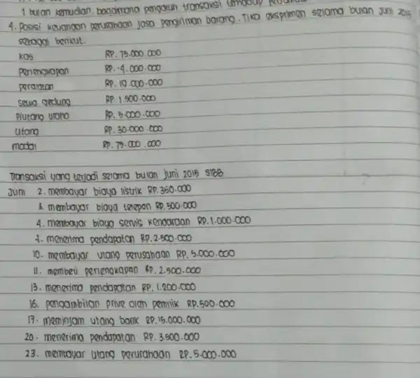 Transoksi yang tarjodi sarama bulan juni 2015 S1BB Juni 2. membayar biaya listrik Rp.350.000 3. membayar biaya telepon Rp.500.000 4. membayar biayo servis kendaraan