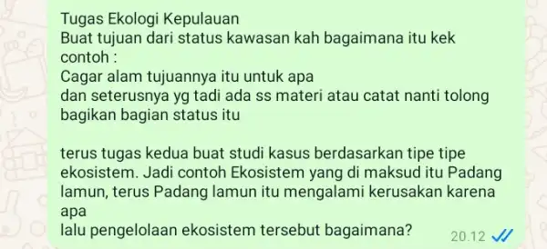 Tugas Ekologi Kepulauan Buat tujuan dari status kawasan kah bagaimana itu kek contoh : Cagar alam tujuannya itu untuk apa dan seterusnya yg tadi