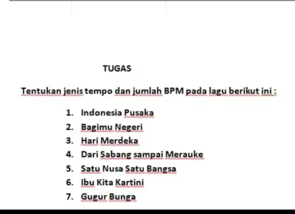 TUGAS Tentukan jenis tempo dan jumlah BPM pada lagu berikut ini : 1. Indonesia Pusaka 2. Bagimu Negeri 3. Hari Merdeka 4. Dari Sabang