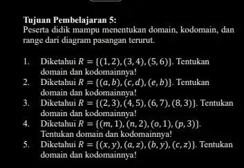 Tujuan Pembelajaran 5: Peserta didik mampu menentukan domain, kodomain dan range dari diagram pasangan terurut. Diketahui R= (1,2),(3,4),(5,6) Tentukan domain dan kodomainnya! Diketahui R=