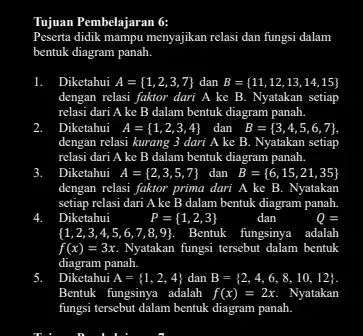 Tujuan Pembelajaran 6: Peserta didik mampu menyajikan relasi dan fu fungsi dalam bentuk diagram panah Diketahui A A= 1,2,3,7 dan B= 11,12,13,14,15 dengan relasi