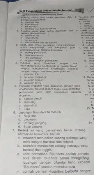 Uji Capaian Pembelajaran 1. Pilihlah salah satu jawaban yang tepat! 1. Pukulan servis yang sering digunakan oleh pemain tunggal adalah __ a. short service