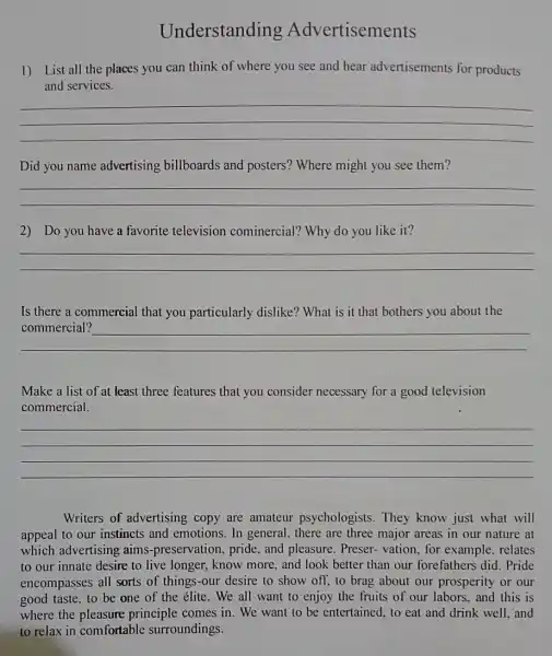 Understanding Advertisements 1) List all the places you can think of where you see and hear advertisements for products and services. __ Did you