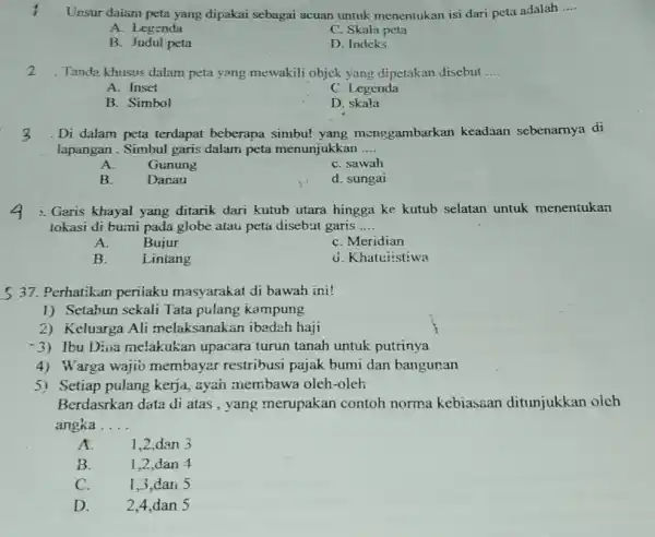 Unsur daiam peta yang dipakai sebagai acuan untuk menentukan isi dari peta adalah __ A. Legenda C. Skala peta B. Judul peta D. Indeks