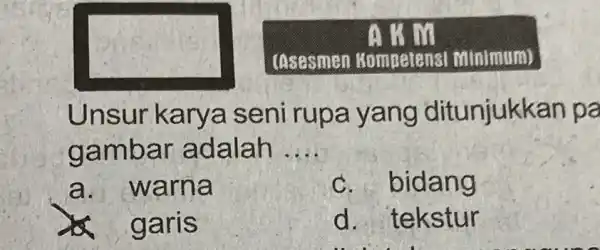 Unsur karya seni rupa yang ditunjukk an pa gambar adalah __ a. warna c. bidang garis d.tekstur