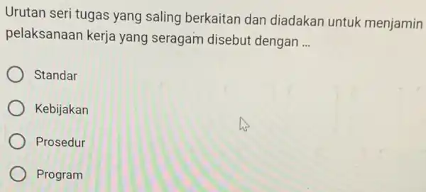 Urutan seri tugas yang saling berkaitan dan diadakan untuk menjamin pelaksanaan kerja yang seragam disebut dengan __ Standar Kebijakan Prosedur Program