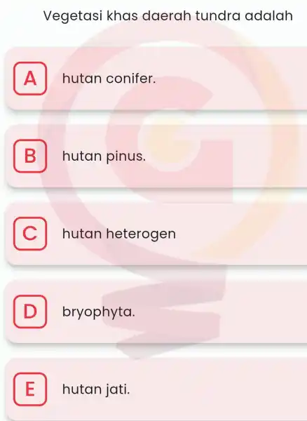 Vegetasi khas daerah tundra adalah A hutan conifer. B hutan pinus. C hutan heterogen C D bryophyta. E hutan jati.