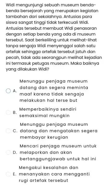 Widi mengunjungi sebuah museum benda- benda bersejarah yang merupakan kegiatan tambahan dari sekolahnya .Antusias para siswa sangat tinggi tidak terkecuali Widi. Antusias tersebut membuat